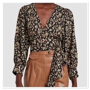Sabina Musayev Apple Black Floral Metallic Wrap Blouse Size XS